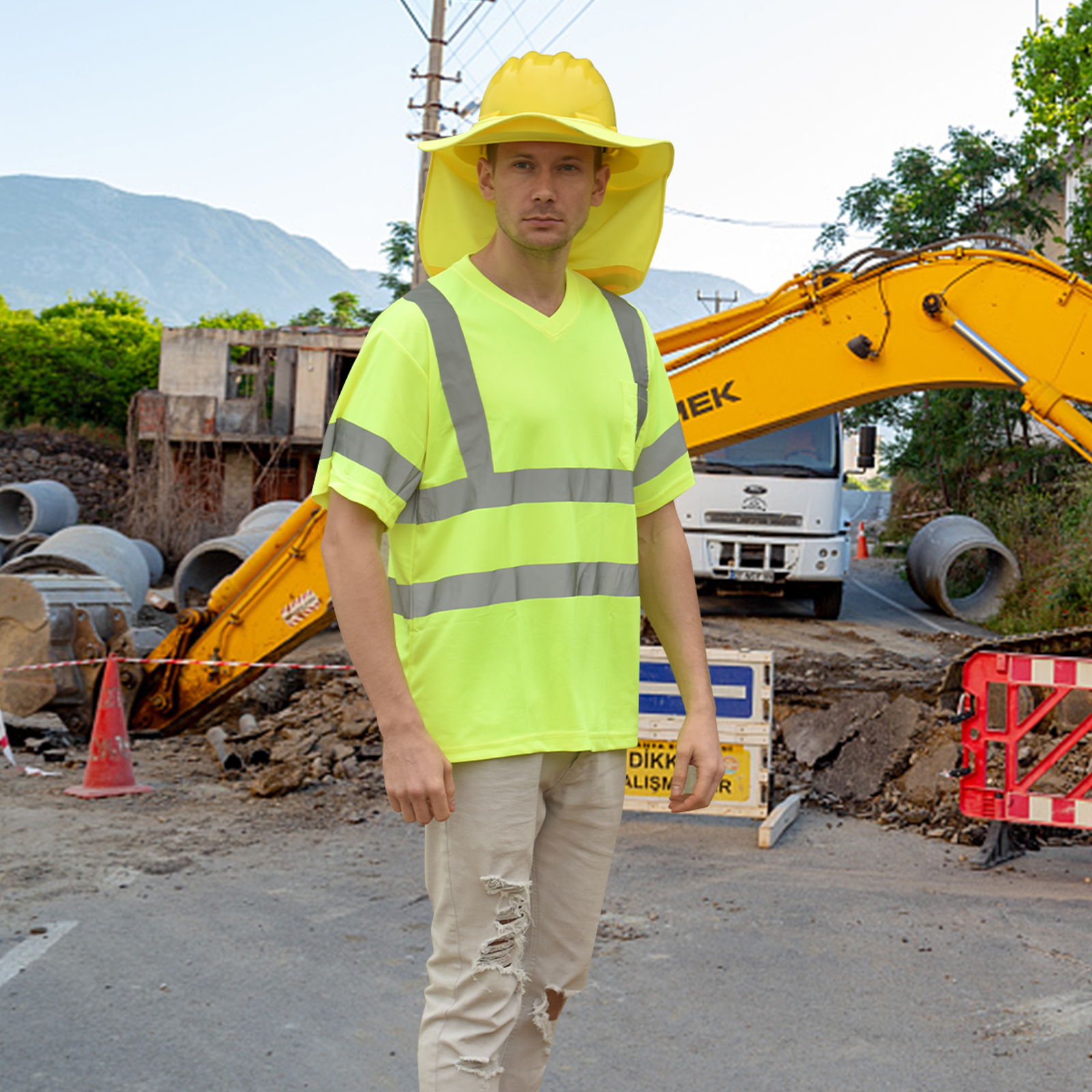 AYKRM Hi Vis T Shirt Reflective Safety V Neck Quick Dry Fit Workwear Vest Fluorescent Yellow Work Tops Construction Engineer Buy Safety shirt High Visibility shirt Customize Logo high vis shirt Produc...