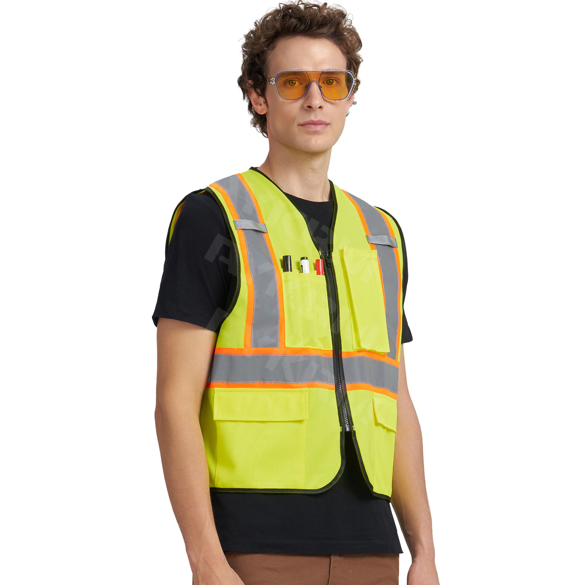 AYKRM 7 Pockets Class 2 High Visibility Zipper Front Safety Vest With Pocket （AW8M-005）