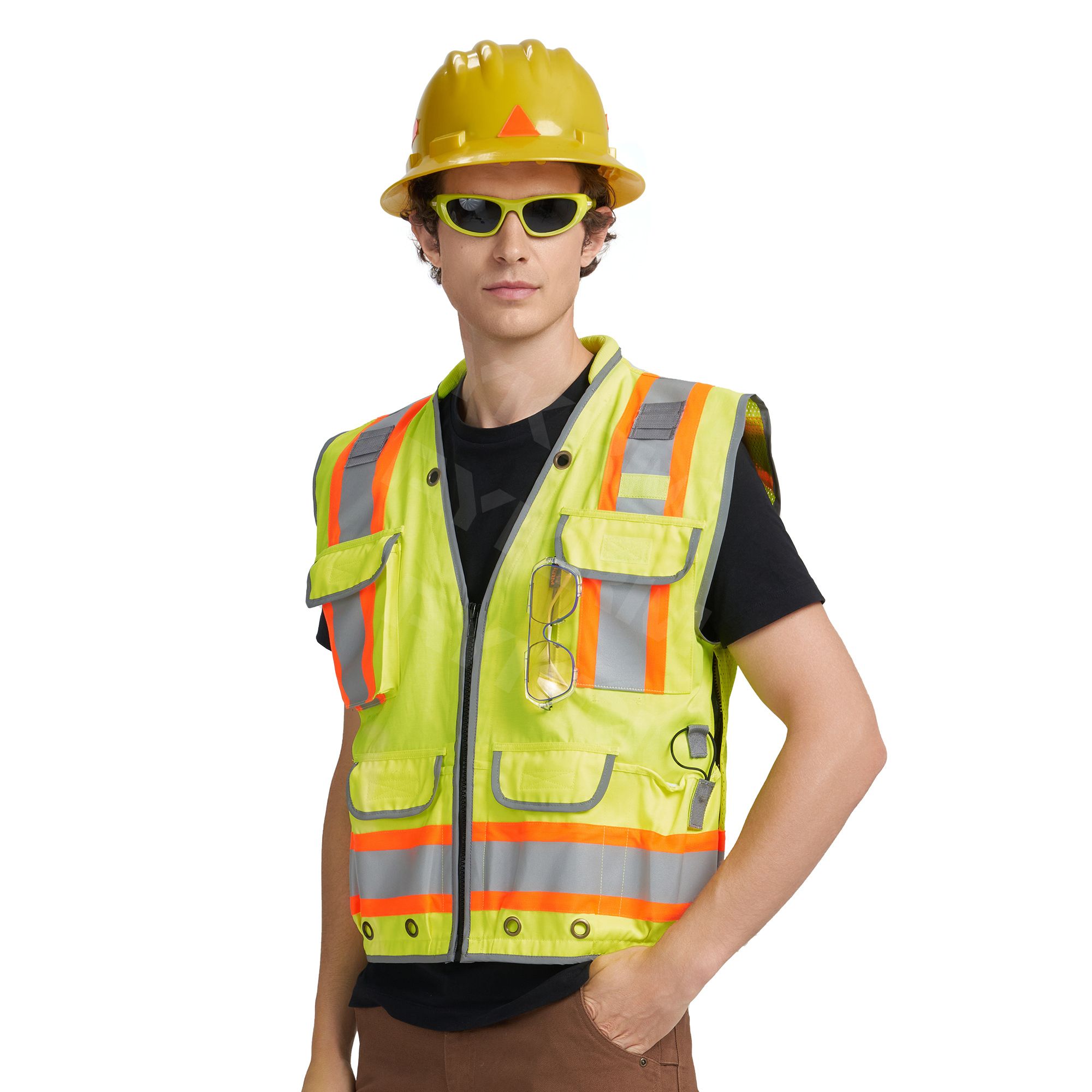 AYKRM Heavy Woven Two Tone Engineer High Vis Reflective work construction safety vest Class 2 with Cargo Pockets (AW8M-006)