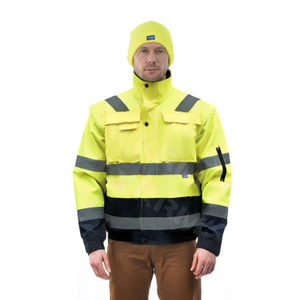 Aykrm hi vis safety jacket for men, Reflective high Visibility Hooded jacket, Hi-Vis Bomber Jacket with Pockets and Zipper, waterproof （AC5-003）