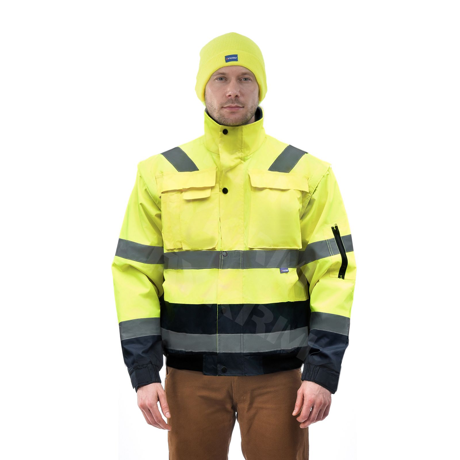 Aykrm hi vis safety jacket for men, Reflective high Visibility Hooded jacket, Hi-Vis Bomber Jacket with Pockets and Zipper, waterproof （AC5-003）