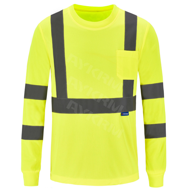 AYKRM Reflective HI Vis Long Sleeve T Shirts Fluorescent Engineer Safety Polo T-Shirt High Visibility Yellow Vest (APT3-005)